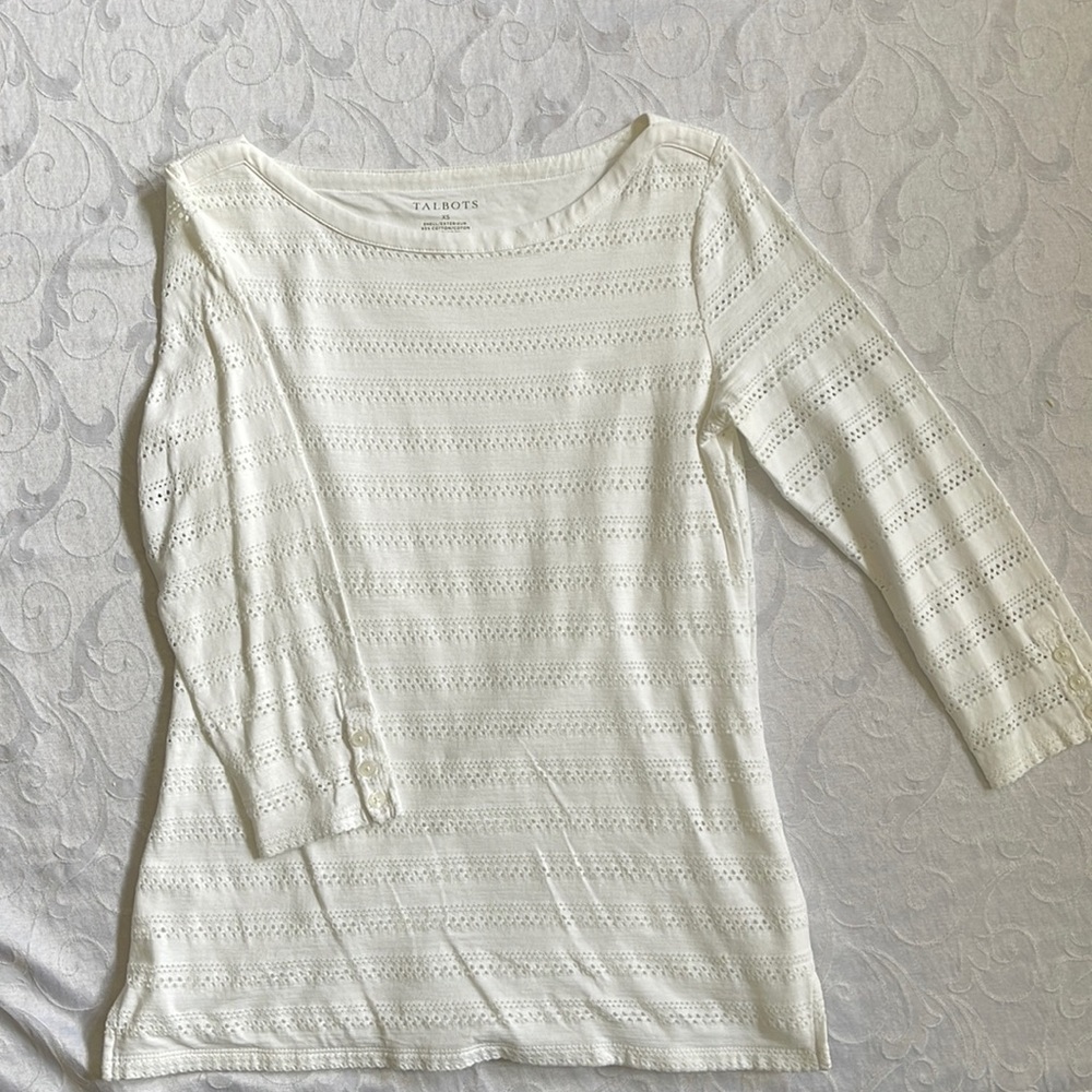Gently used Talbots XS 3/4 sleeve white crochet and button sleeve detail shirt
